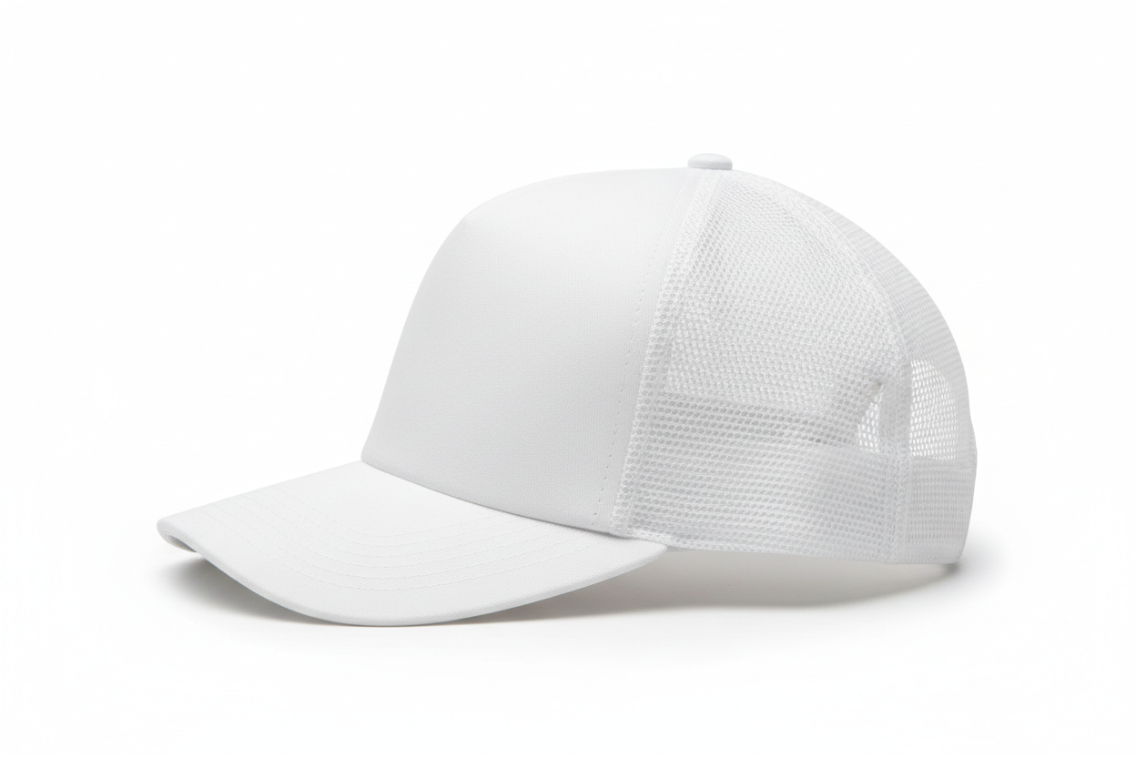 create a side image of Richardson 5 Panel Seamless Front Trucker Twill Mesh Snapback Hat white color and no background