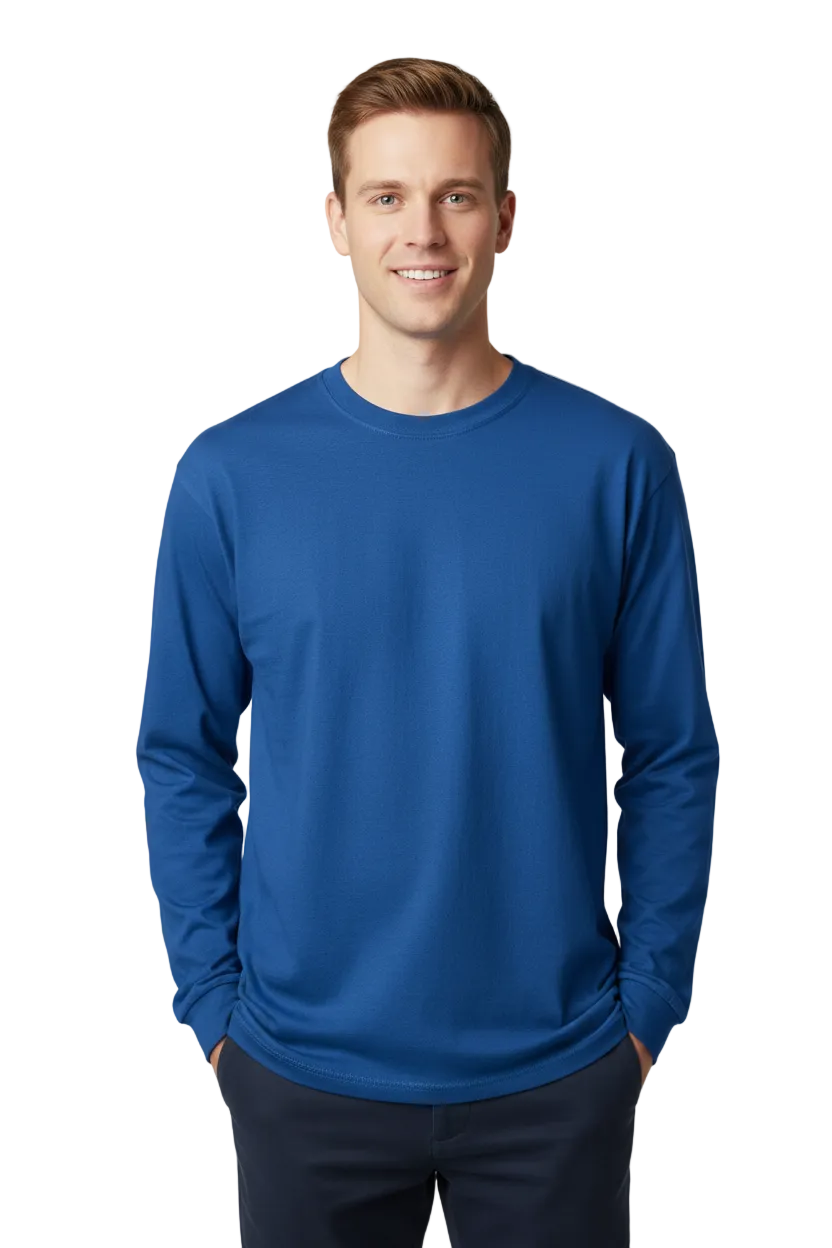 create an image of a white male model wearing Gildan G540 - Unisex Heavy Cotton™ Long-Sleeve T-Shirt in Blue
