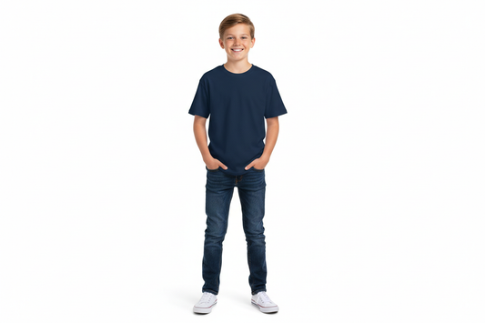 create an image of a white male youth smiling with hands in his pockets wearing a Gildan G500B - Youth Heavy Cotton™ T-Shirt in navy blue with no backgroud
