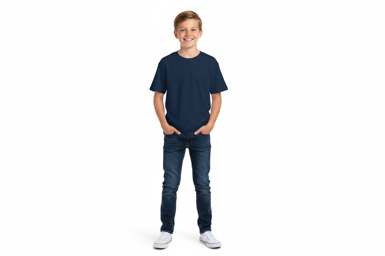 create an image of a white male youth smiling with hands in his pockets wearing a Gildan G500B - Youth Heavy Cotton™ T-Shirt in navy blue with no backgroud