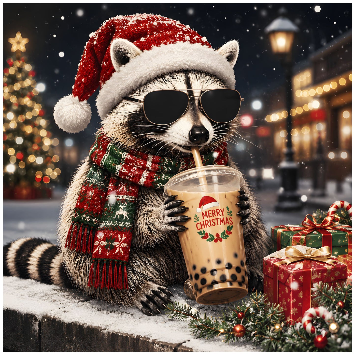 Christmas Raccoon Drinking Coffee DTF Transfer