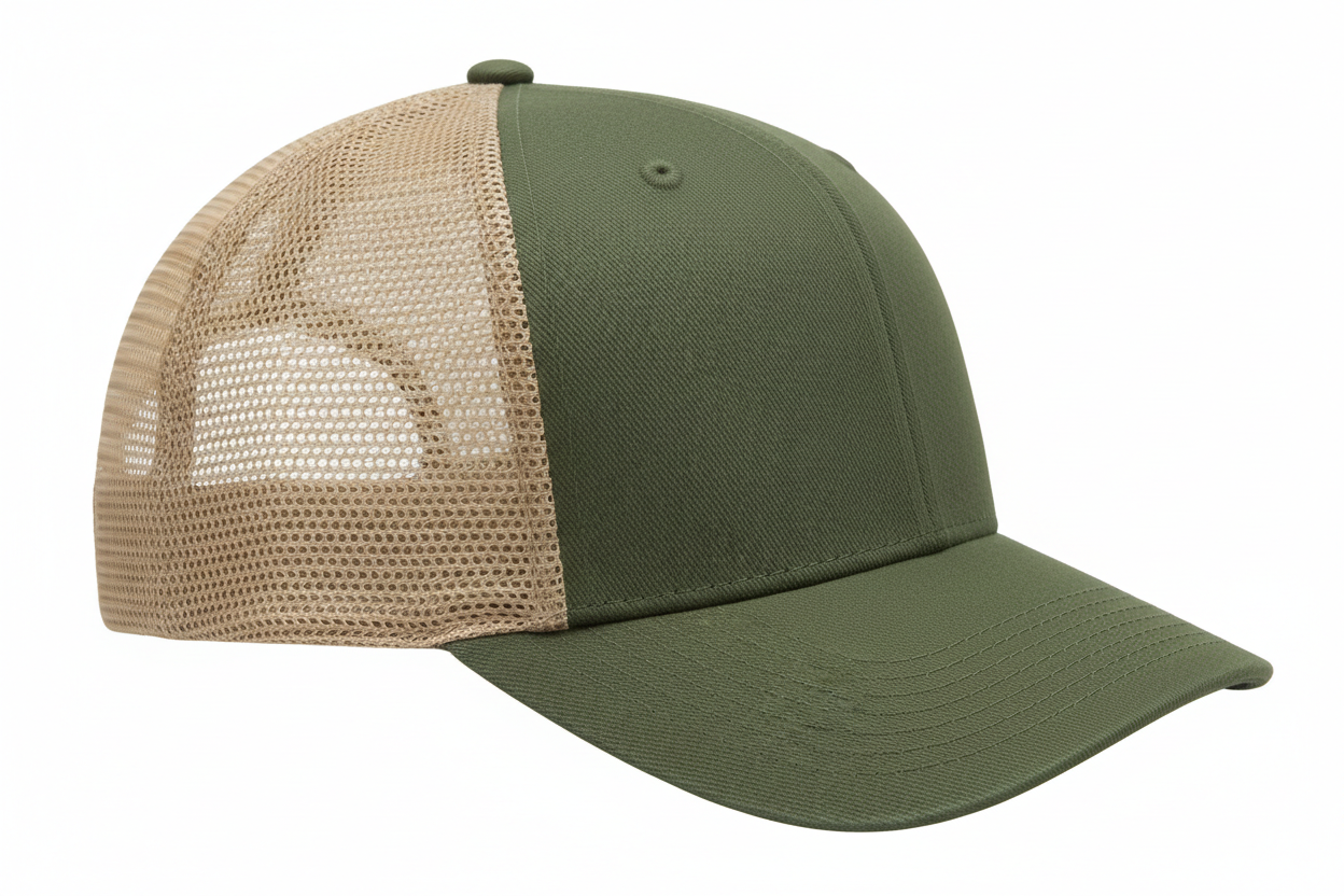 create a side image of Richardson 5 Panel Seamless Front Trucker Twill Mesh Snapback Hat Army Olive / Tan color and no background