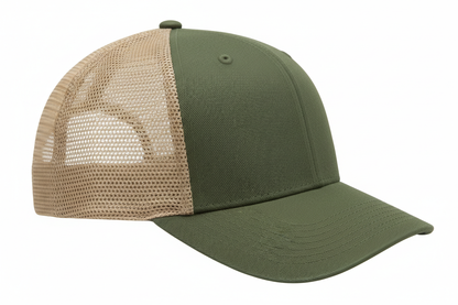 create a side image of Richardson 5 Panel Seamless Front Trucker Twill Mesh Snapback Hat Army Olive / Tan color and no background