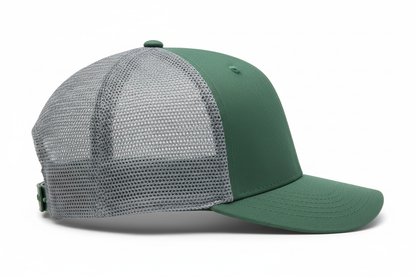 create a side image of Richardson 5 Panel Seamless Front Trucker Twill Mesh Snapback Hat Beetle/Quarry color and no background