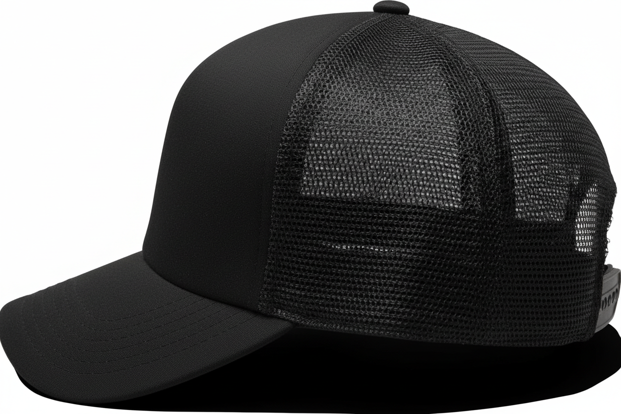 create a side image of Richardson 5 Panel Seamless Front Trucker Twill Mesh Snapback Hat black color and no background