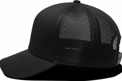 create a side image of Richardson 5 Panel Seamless Front Trucker Twill Mesh Snapback Hat black color and no background