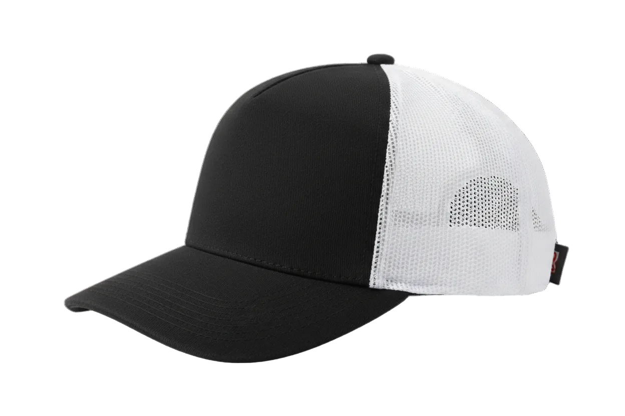 create a side image of Richardson 5 Panel Seamless Front Trucker Twill Mesh Snapback Hat black / white  color and no background