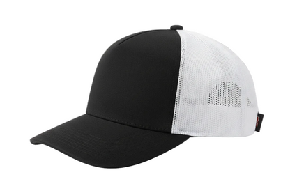 create a side image of Richardson 5 Panel Seamless Front Trucker Twill Mesh Snapback Hat black / white  color and no background