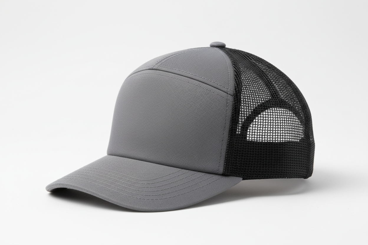 create a side image of Richardson 5 Panel Seamless Front Trucker Twill Mesh Snapback Hat Charcoal / Black color and no background