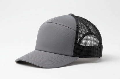 create a side image of Richardson 5 Panel Seamless Front Trucker Twill Mesh Snapback Hat Charcoal / Black color and no background