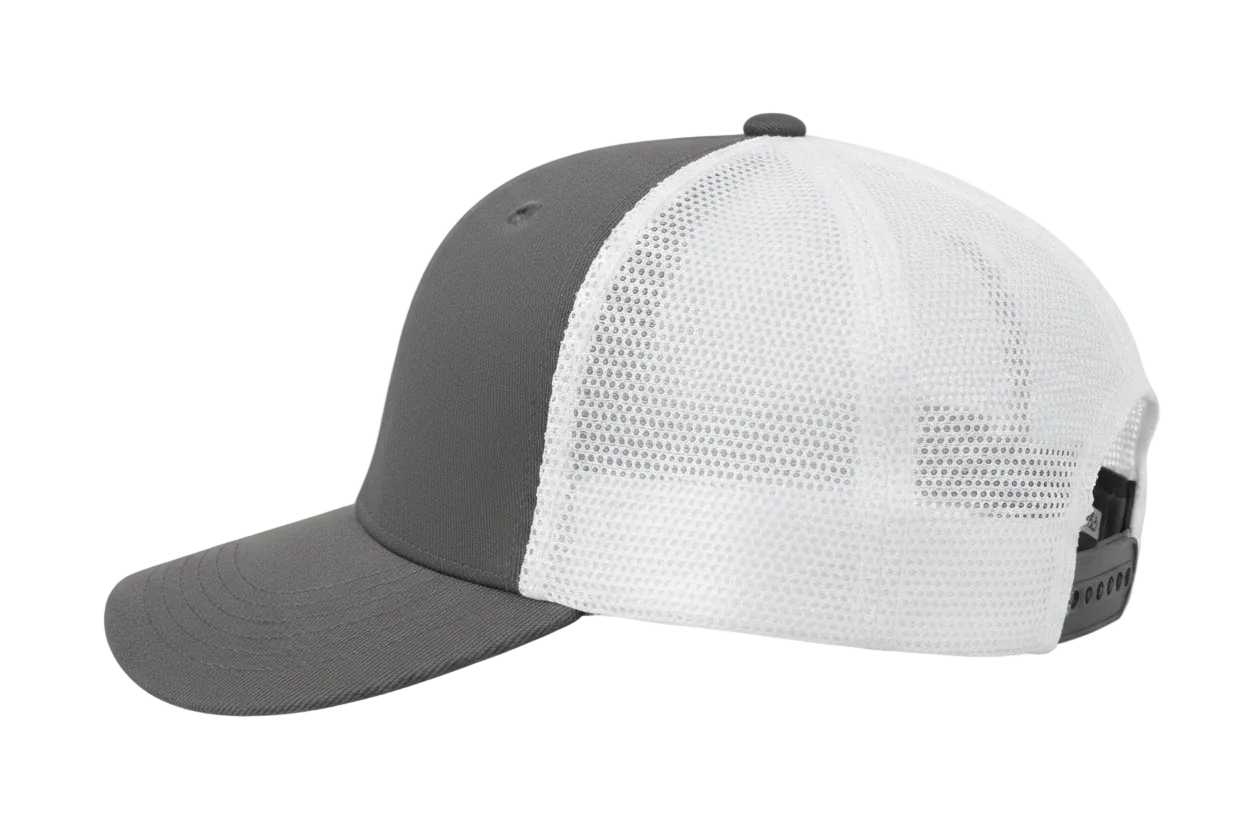 create a side image of Richardson 5 Panel Seamless Front Trucker Twill Mesh Snapback Hat Charcoal / white color and no background