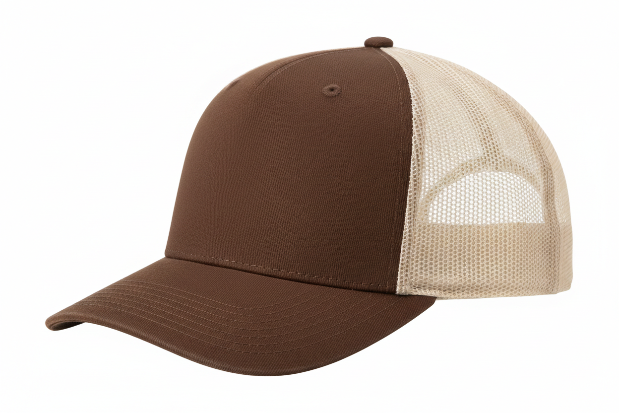 create a side image of Richardson 5 Panel Seamless Front Trucker Twill Mesh Snapback Hat Choc Chip/Birch color and no background