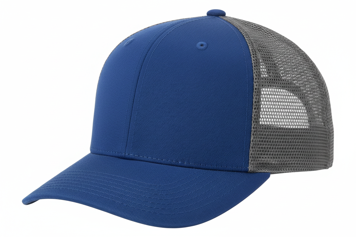 create a side image of Richardson 5 Panel Seamless Front Trucker Twill Mesh Snapback Hat Colbalt Blue/Gray color and no background