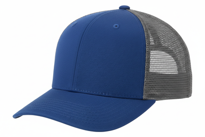 create a side image of Richardson 5 Panel Seamless Front Trucker Twill Mesh Snapback Hat Colbalt Blue/Gray color and no background