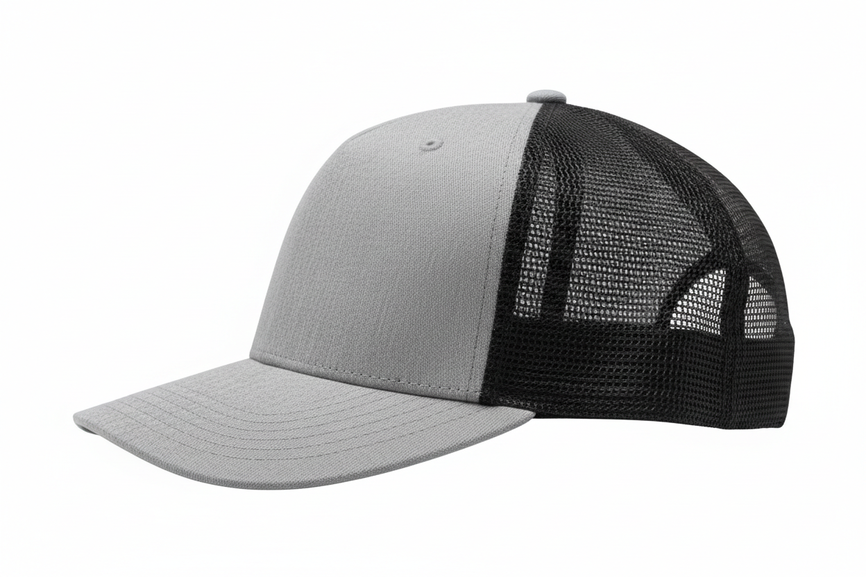 create a side image of Richardson 5 Panel Seamless Front Trucker Twill Mesh Snapback Hat Heather Grey/Black color and no background