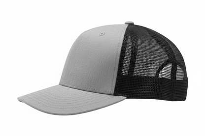 create a side image of Richardson 5 Panel Seamless Front Trucker Twill Mesh Snapback Hat Heather Grey/Black color and no background