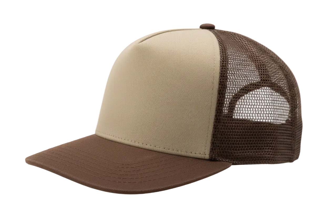 create a side image of Richardson 5 Panel Seamless Front Trucker Twill Mesh Snapback Hat Khaki / coffee color and no background