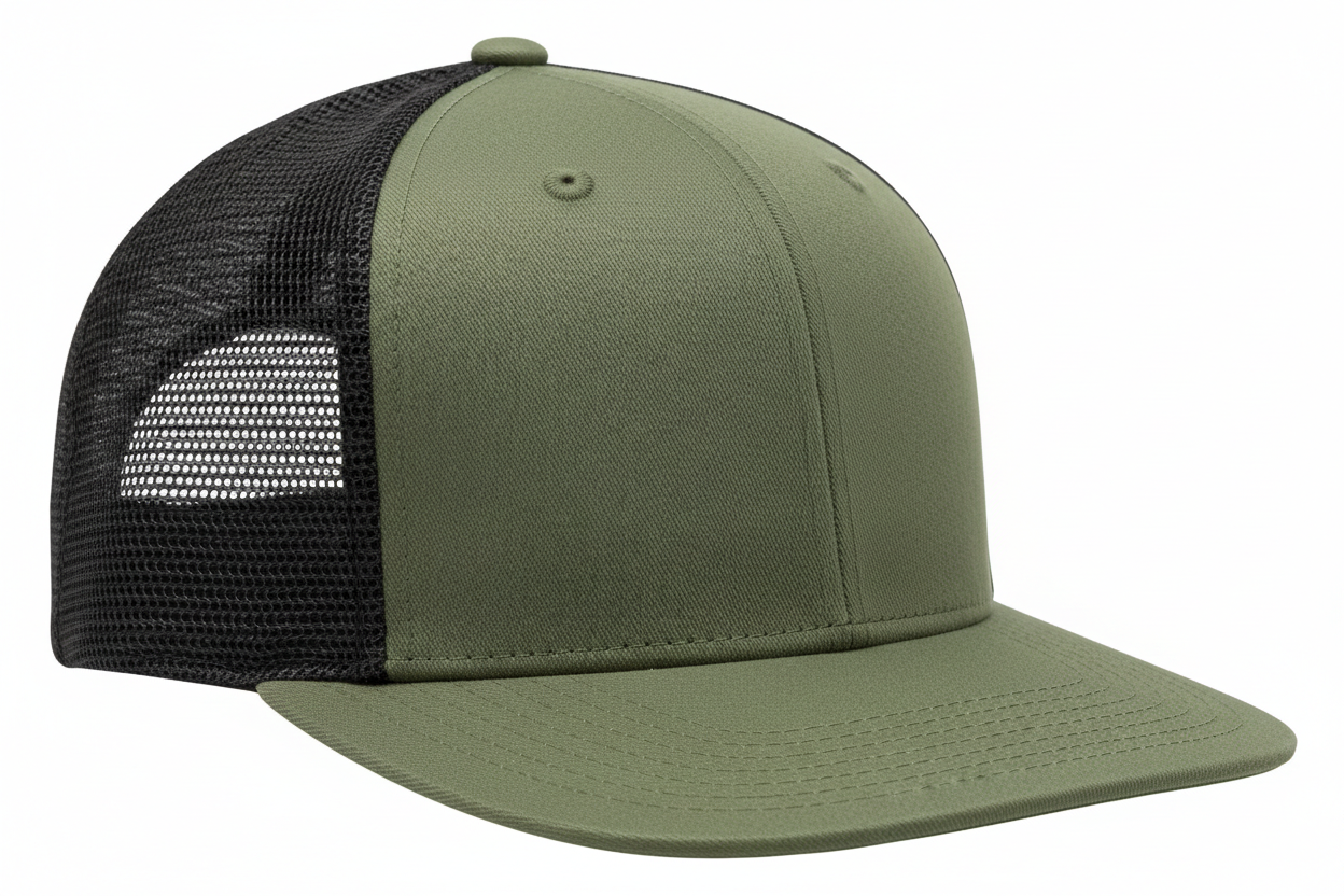 create a side image of Richardson 5 Panel Seamless Front Trucker Twill Mesh Snapback Hat Loden/Black color and no background