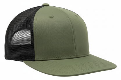 create a side image of Richardson 5 Panel Seamless Front Trucker Twill Mesh Snapback Hat Loden/Black color and no background