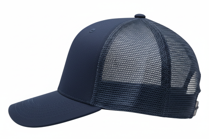create a side image of Richardson 5 Panel Seamless Front Trucker Twill Mesh Snapback Hat Navy color and no background