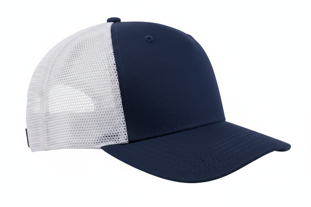 create a side image of Richardson 5 Panel Seamless Front Trucker Twill Mesh Snapback Hat Navy/white color and no background