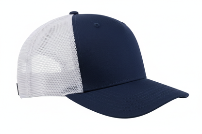 create a side image of Richardson 5 Panel Seamless Front Trucker Twill Mesh Snapback Hat Navy/white color and no background