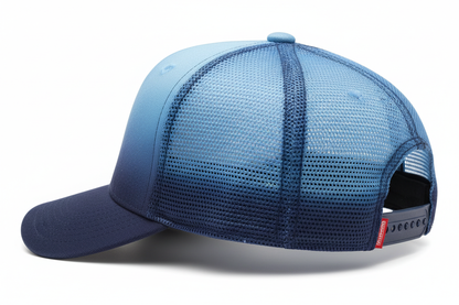create a side image of Richardson 5 Panel Seamless Front Trucker Twill Mesh Snapback Hat Ombre Blue/Dark navy color and no background
