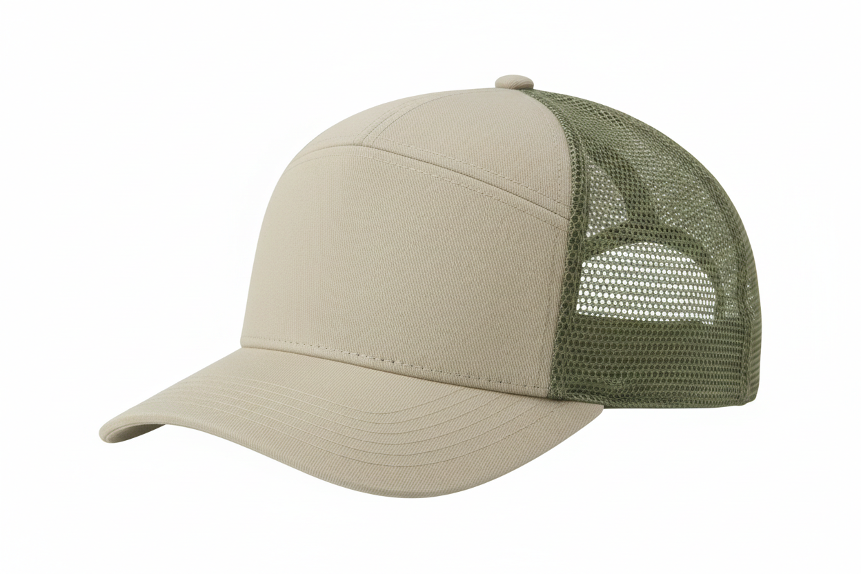 create a side image of Richardson 5 Panel Seamless Front Trucker Twill Mesh Snapback Hat Pale Khaki/Loden color and no background