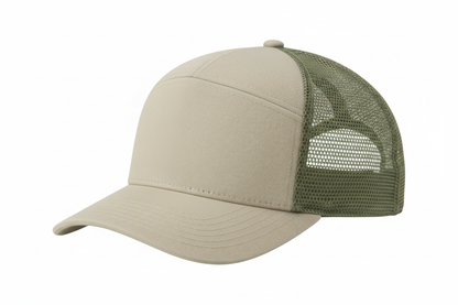 create a side image of Richardson 5 Panel Seamless Front Trucker Twill Mesh Snapback Hat Pale Khaki/Loden color and no background