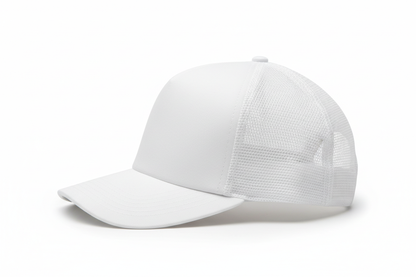 create a side image of Richardson 5 Panel Seamless Front Trucker Twill Mesh Snapback Hat white color and no background