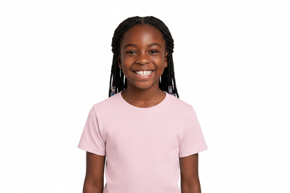 create an image of a african american youth girl smiling wearing a Gildan G500B - Youth Heavy Cotton™ T-Shirt in light pink with no backgroud