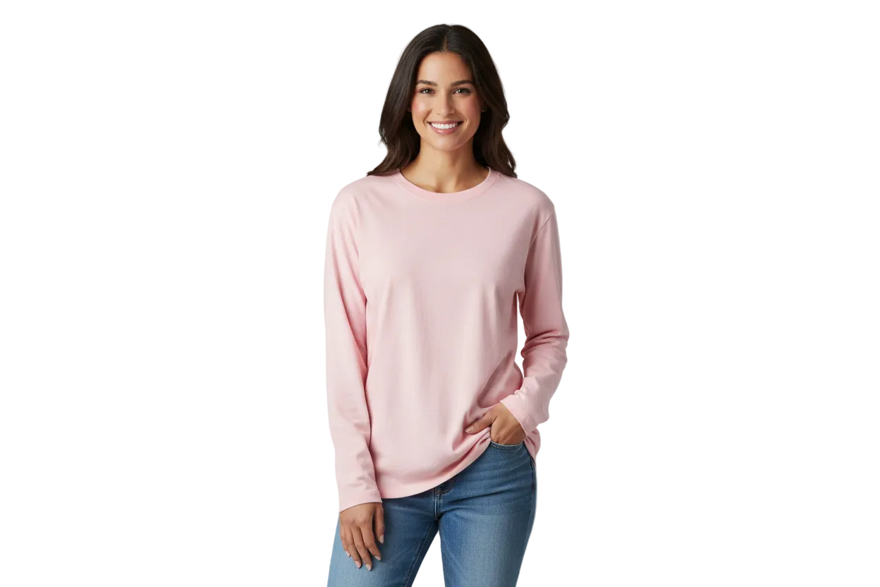 create an image of a female model wear the Gildan G540 - Unisex Heavy Cotton™ Long-Sleeve T-Shirt in pink