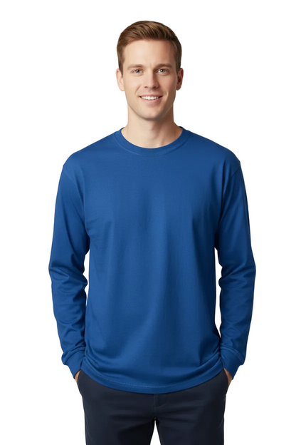 create an image of a white male model wearing Gildan G540 - Unisex Heavy Cotton™ Long-Sleeve T-Shirt in Blue
