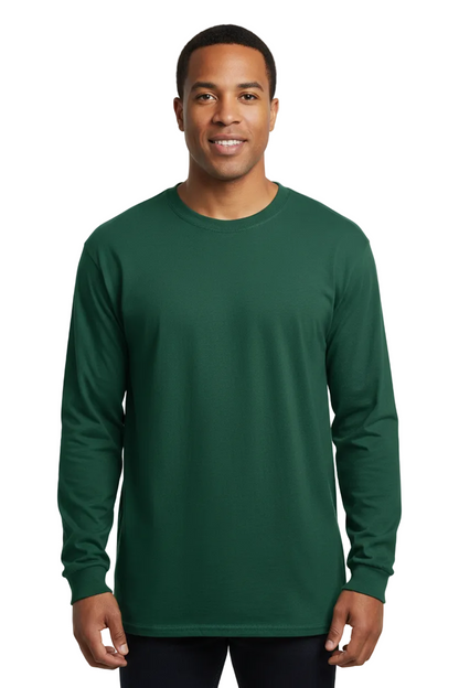 create image of a male model wearing The Gildan Adult Heavy Cotton Long-Sleeve T-Shirt in the color of green