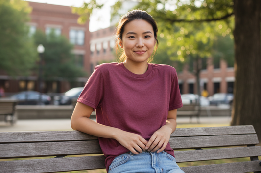 create image of asian female wearing Gildan G800 - Unisex 50/50 T-Shirt in maroon