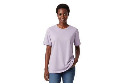 create image of black female wearing Gildan G800 - Unisex 50/50 T-Shirt in Lavender with white background