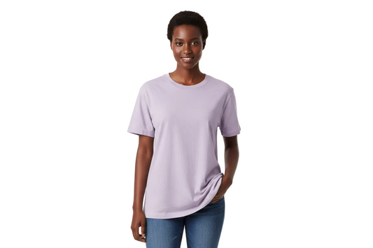 create image of black female wearing Gildan G800 - Unisex 50/50 T-Shirt in Lavender with white background