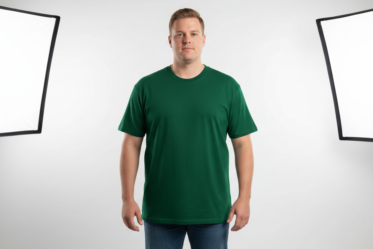 create image of white male plus size wearing Gildan G800 - Unisex 50/50 T-Shirt in forest green with white background