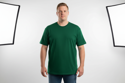 create image of white male plus size wearing Gildan G800 - Unisex 50/50 T-Shirt in forest green with white background